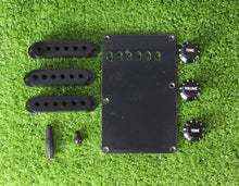 Load image into Gallery viewer, Black Strat Accessory Kit Knobs Covers Tips Back Plate For USA Fender S1 MIJ
