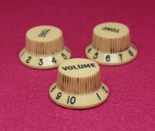 Load image into Gallery viewer, Original Fender Aged Cream Knobs with Green Font for Fender® Stratocaster
