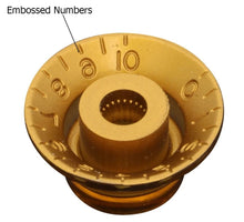 Load image into Gallery viewer, Reflector Embossed Knob Set (4) For USA Gibson Guitars - Gold/Silver Inserts
