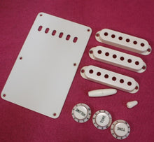 Load image into Gallery viewer, Aged Relic Parchment White Knobs Covers Back Plate Accessory Kit For USA Fender
