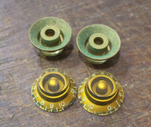 Load image into Gallery viewer, Aged Gold Bonnet CAB Bell Top Hat Knobs for 59 Les Paul (4) Heavy Relic

