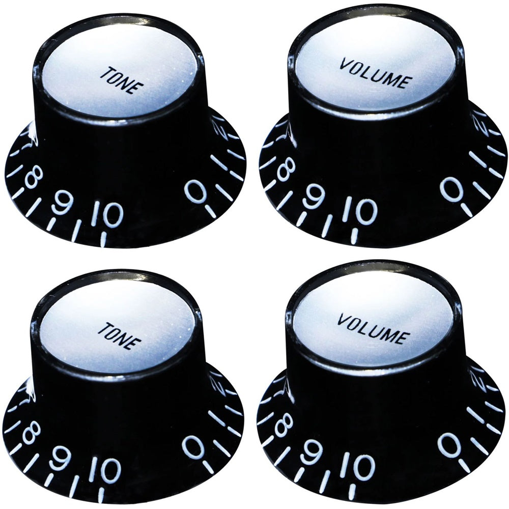 Reflector Embossed Knob Set (4) For USA Gibson Guitars - Black/Silver Inserts