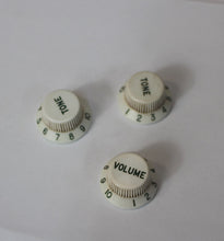 Load image into Gallery viewer, Aged Bakelite Style Knob Set For Fender Stratocaster - White w/Green Font
