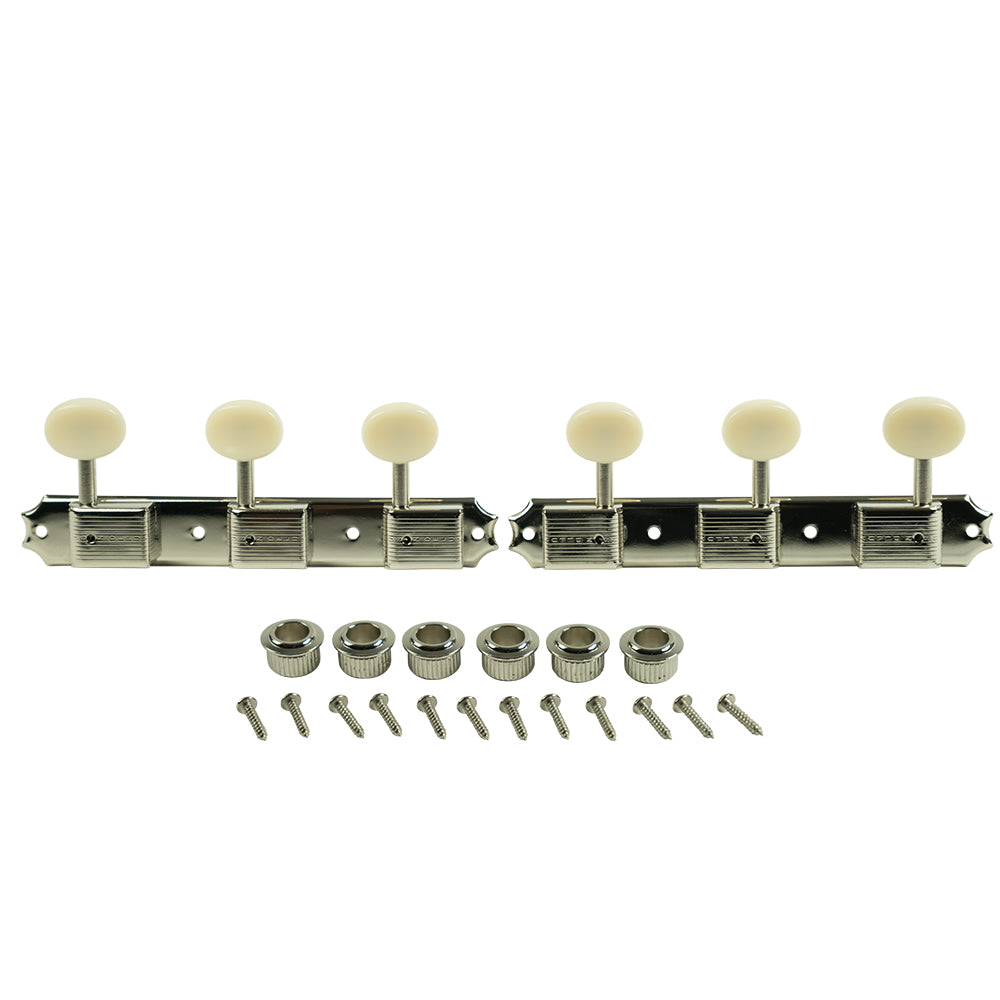 KLUSON 3 On Plate Single Line Tuners For Les Paul Jnr W/ Plastic Buttons Nickel