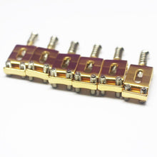 Load image into Gallery viewer, (6) Gold Bent Steel Saddles for Vintage Fender Stratocaster / Strat 2 3/16&quot;
