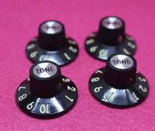 Load image into Gallery viewer, Real Bakelite Witch Hat Knob Set (4) Black w/ Set Screw For Fender or Gibson
